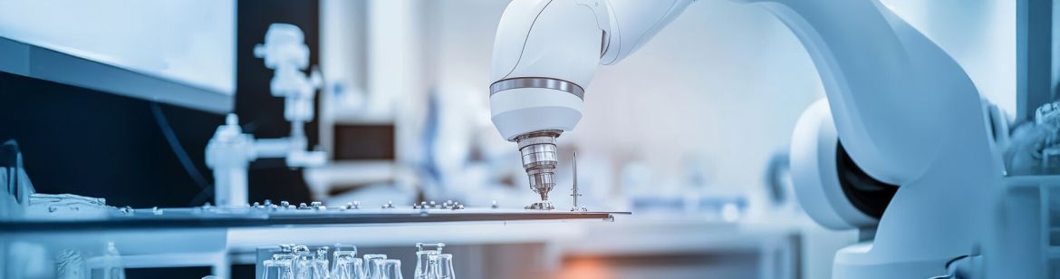 Automated robotic arm in a medical device development or manufacturing environment
