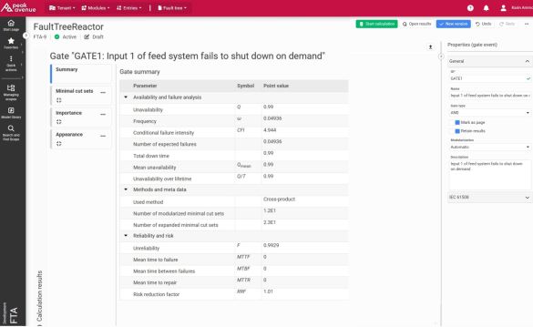 Overview of analysis results including failure probabilities, risk metrics, and minimal cut sets